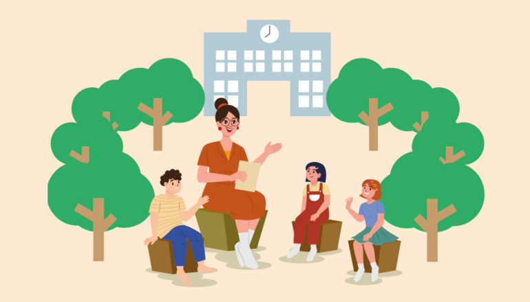 Illustration de : La classe dehors de l'école Raymond Queneau